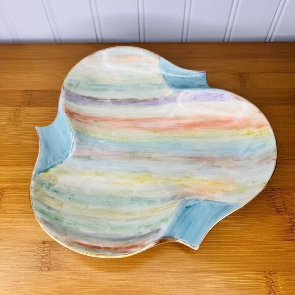 Handpainted Vintage Pastell Stripped Gold Ashtray Mid Century Modern MCM 8” - Picture 1 of 7